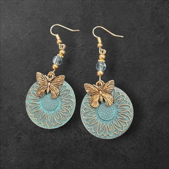 Gold Turquoise Butterfly Dangle Earrings - Picture 1 of 4